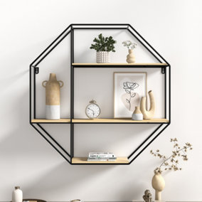 Livingandhome 3 Tiers Modern Octagonal Metal and Wood Floating Decorative Wall Shelf Display Unit