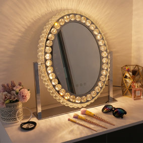 Livingandhome 360 Degrees Rotating Vanity Mirror with Lights Oval Crystal Lighted Mirror Tabletop for Bedroom with 3 Color Lights
