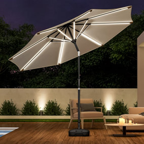 Livingandhome 3M Large Garden LED Parasol Outdoor Beach Umbrella with Light Sun Shade Crank Tilt with Square Base, Beige