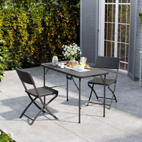 Livingandhome 3Pcs Black Folding Portable Rattan Effect Plastic Garden Dining Table Chair Set L 120cm