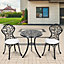 Livingandhome 3pcs Black Round Leaf Pattern Cast Aluminum Outdoor Bistro Table and Chairs Set with Cushions