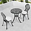 Livingandhome 3pcs Black Round Leaf Pattern Cast Aluminum Outdoor Bistro Table and Chairs Set with Cushions