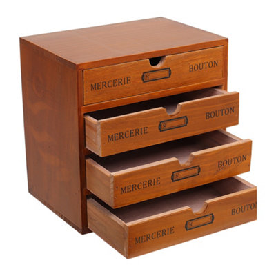 Livingandhome 4 Drawers Retro Brown Wooden Tabletop Pull Out Storage Organizer  Box