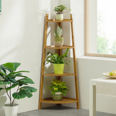 Corner wooden store ladder shelf