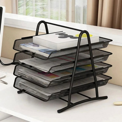 4 Compartment, Black Metal Mesh Document and File Organizer Rack