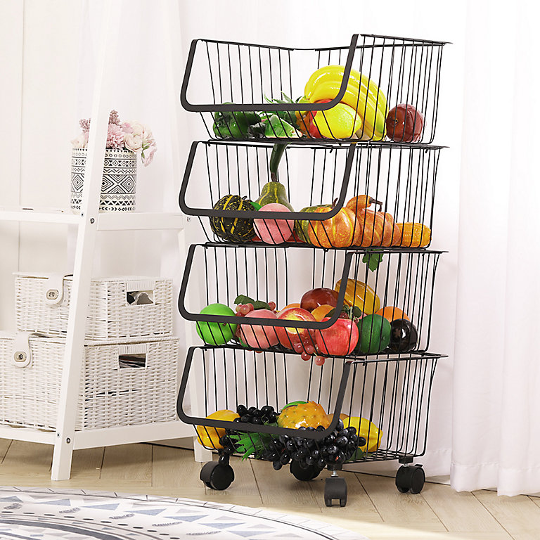 Livingandhome 4 Tier Stackable Rolling Metal Wire Basket Trolley Rack Fruit Vegetable  Storage Holder for Kitchen