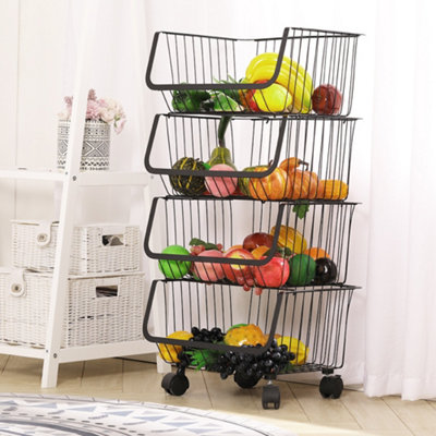 4-Tier Wood Fruit Vegetable Storage Rack Stand Stackable Fruit