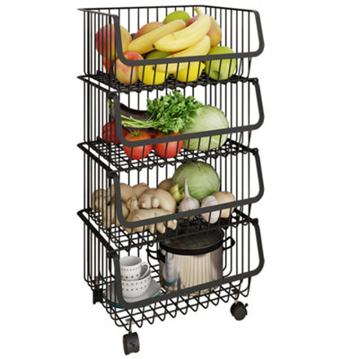 Livingandhome 4 Tier Stackable Rolling Metal Wire Basket Trolley Rack Fruit Vegetable  Storage Holder for Kitchen