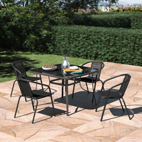 Livingandhome 5 Pcs Garden Patio Glass Dining Set Square Umbrella Table and Stackable Chairs Set Black 105 cm