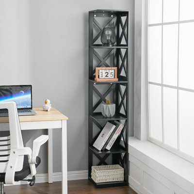 Livingandhome 5 Tier Black Wooden Corner Shelf Standing Living Room Shelving Unit 161 cm