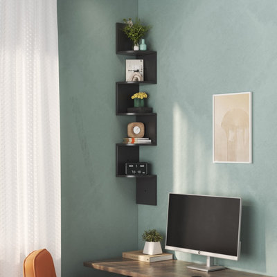 Livingandhome 5 Tier Black Zigzag Floating Wooden Corner Shelf Storage Stand  Bookcase | Diy At B&Q