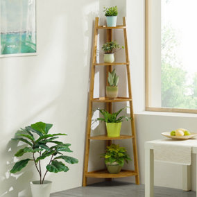 Livingandhome 5 Tier Brown Modern Corner Ladder Shelf Plant Display Stand 147 cm