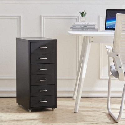 Black desk deals with file drawer