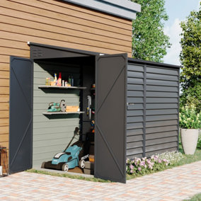 Livingandhome 8.8 x 4.7 ft Charcoal Black Pent Metal Garden Storage Shed Motorcycle Shed with Lockable Door