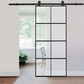 Livingandhome 8 Lites Clear Glass Black Sliding Barn Door Panel with 6ft Hardware Kit Roller Track System