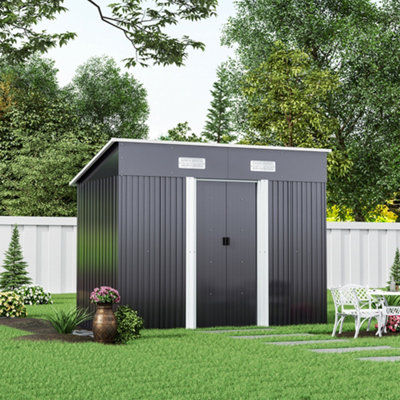 Livingandhome 8 x 4 ft Charcoal Black Compact Garden Storage Tool Shed with Lockable Door and Base Frame