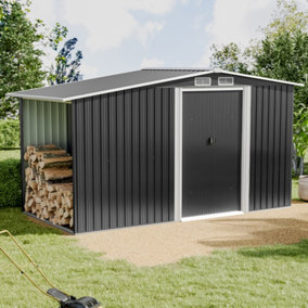 Livingandhome 8 x 4 ft Metal Shed Garden Storage Shed Apex Roof Double Door with 4.3 x 2.1 ft Log Store,Black