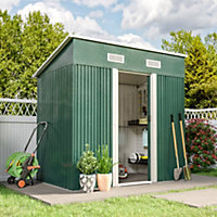 Livingandhome 8 x 4 ft Pent Metal Garden Shed Outdoor Tool Storage House with Lockable Door and Base Frame, Dark Green