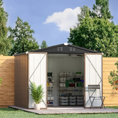 Livingandhome 8 x 6 ft Apex Metal Garden Shed Garden Storage Tool House with Lockable Door and Base Frame
