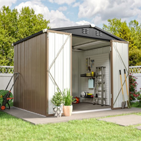 Livingandhome 8 x 6 ft Galvanized Steel Apex  Garden Tool Storage Shed with Lockable Door and Base Frame