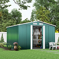 Livingandhome 8 x 8 ft Green Metal Shed Garden Storage Shed Apex Roof Double door with Base