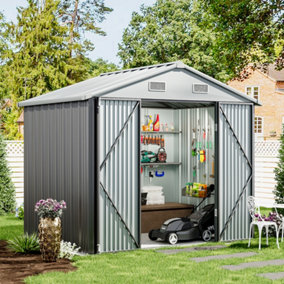 Livingandhome 8x6 ft Apex Metal Shed Garden Storage Shed with Double Door,Grey