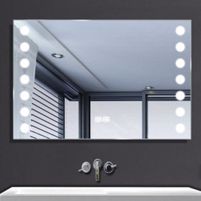 Livingandhome Anti fog LED Illuminated Touch Sensor Bathroom Mirror CE Driver with Clock and Shaver Socket 800 x 600 mm