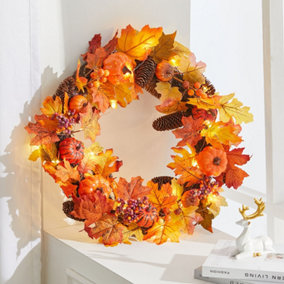 Livingandhome Artificial Maple Leaves Autumn Christmas Wreath with Lights 60 cm