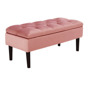 Livingandhome Ash Pink Storage Footstool Velvet Ottoman Bench Rubber Wooden Leg