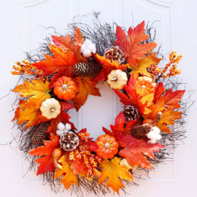 Livingandhome Autumn Christmas Wreath Maple Pumpkin Door Decoration 55 cm