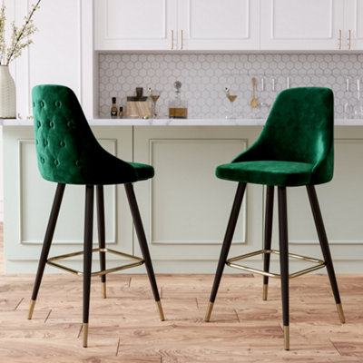 Livingandhome Bar Stool Set of 2 Green Modern Velvet Bar Stools with ...