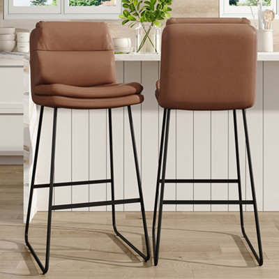 Livingandhome Bar Stool Set of 2 Modern Brown Faux Leather Upholstered