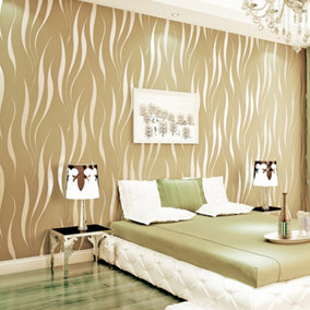 Livingandhome Beige 3D Wave Stripe Non woven Embossed Flocking Wallpaper 950cm