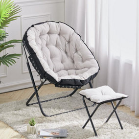 Livingandhome Beige Comfortable Folding Metallic Base Sofa Chair with Footstool
