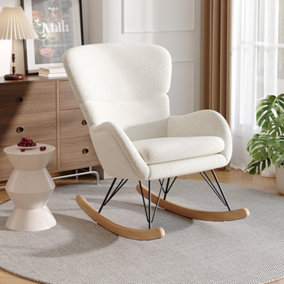 Livingandhome Beige Faux Wool Rocking Chair Relax Rocker Chair Relaxing Recliner Armchair with Removable Cushion