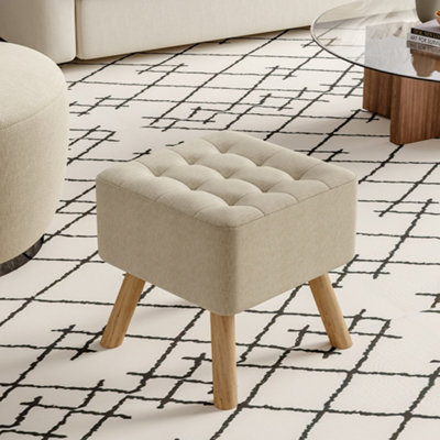 Beige Linen Tufted Foot Stool - 9''H, Rectangle Footrest for Sofa, Non-Slip  Pads
