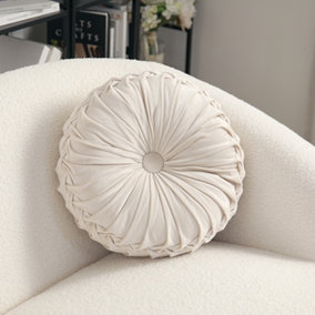 Livingandhome Beige Pure Color Modern Round Pumpkin Pleated Velvet Throw Pillow Sofa Cushion 35cm