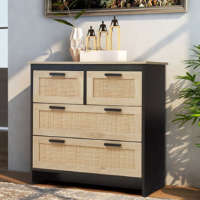 Livingandhome Black 4 Drawer Chest of Drawer Rattan Effect Clothes Cabinet Hallway Accent Cabinet