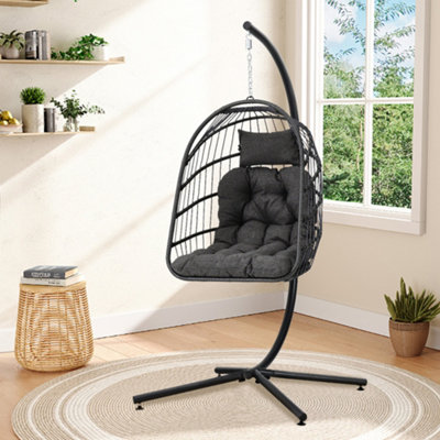 Livingandhome Black Foldable Rattan Egg Swing Chair Garden