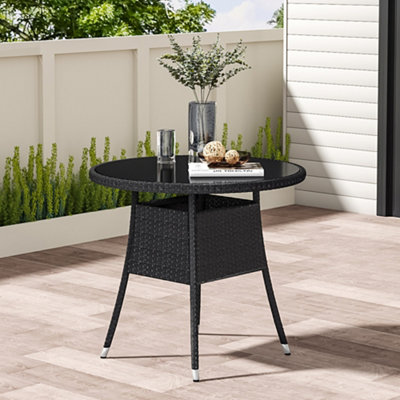Livingandhome Black Garden Wicker Round Tempered Glass Outdoor Table
