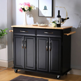 Livingandhome Black Kitchen Storage Trolley Island Cart with 2 Drawers and Cabinets