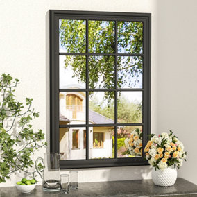 Livingandhome Black Large Rectangular 12 Pane Decorative Garden Wood Framed Wall Mirror