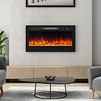 Livingandhome Black Linear Wall Mounted and Recessed Metal Electric Fireplace 36 Inch