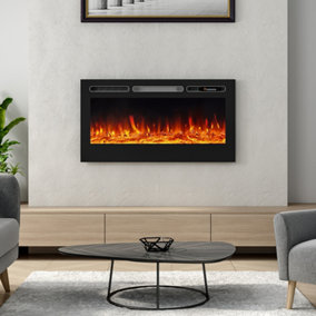 Livingandhome Black Linear Wall Mounted and Recessed Metal Electric Fireplace 90cm