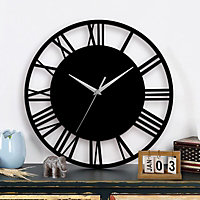 Livingandhome Black Modern Round Roman Numeral Silent Wood Wall Clock 30 cm