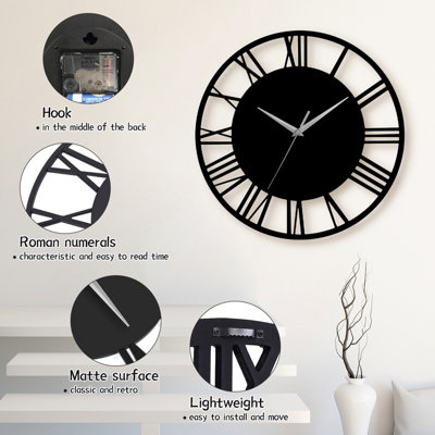 Livingandhome Black Modern Round Roman Numeral Silent Wood Wall Clock 30 cm