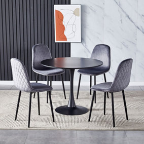 Livingandhome Black Modern Round Wooden Table with Metallic Base