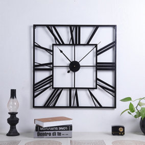 Livingandhome Black Modern Square Oversized Decorative Roman Numeral Metal Wall Clock 590mm