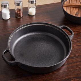 Livingandhome Black Round Cast Iron Frying Pan Kitchen Skillet with Double Handles
