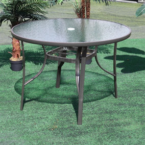 Livingandhome Black Round Garden Tempered Glass Outdoor Coffee Table with Parasol Hole 105cm